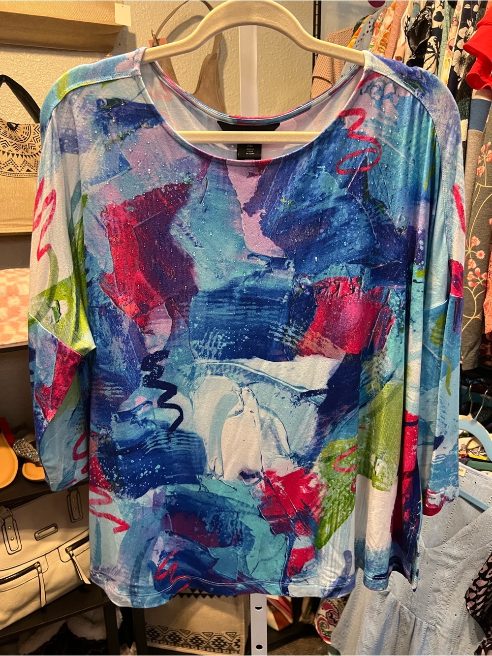 Ali Miles Abstract Multi-Color Scoop Neck Long Sleeve Top